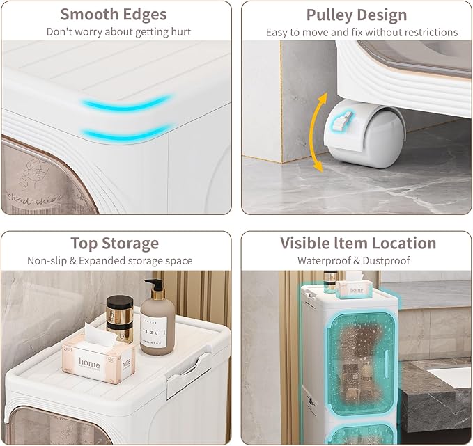 5-Tiers Slim Bathroom Storage Cabinet, Foldable Storage Cabinets,Narrow Bathroom Storage,Movable Bathroom Storage Organizer for Small Spaces,Bathroom,Kitchen,Laundry,White