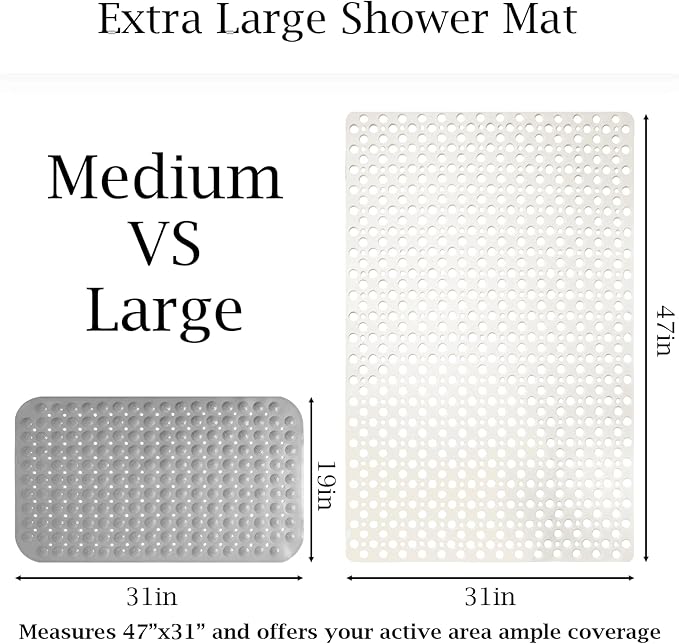 Tiamo Extra Large Shower Mat Non Slip,47 * 31 Inch Bath Mat for Shower with Big Suction Cups,Oversized TPE Shower Mats for Inside Outside Shower,Perfect for Elderly