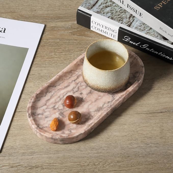Koville Natural Marble Decorative Tray Stone Plate, 10" x 5" Marble Vanity Tray for Bathroom Countertop Organizer Stone Trays, Catchall Tray for Perfume, Candles, Jewelry (Moca Jade)