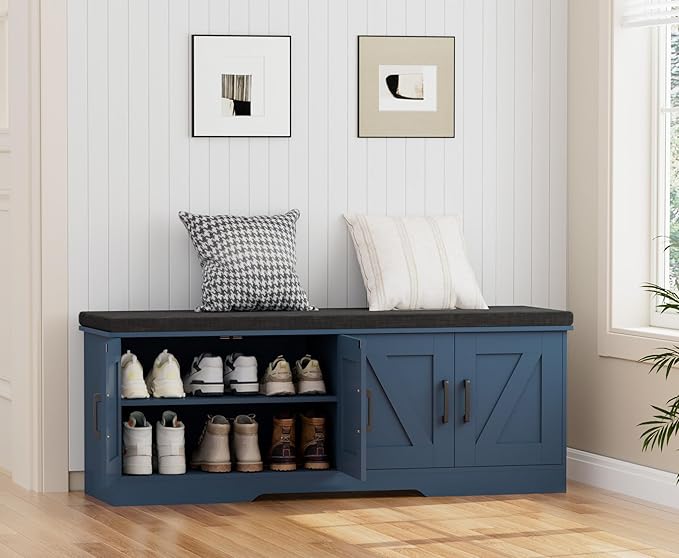 HOMSHO 2-Tier Storage Bench, 47.2" Wide Shoe Bench with Padded Seat Cushion, Entryway Bench with 4 Barn Doors and Adjustable Shelf, Blue