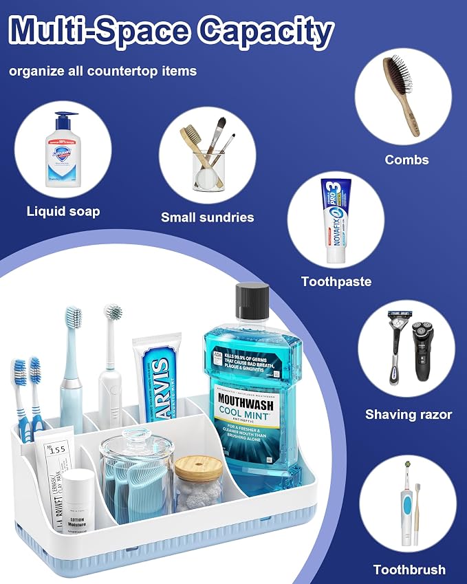 Bathroom Counter Organizer and Storage with 2 Pack Qtip Holder Dispenser, 7 Slots Detachable Toothbrush Holders for Bathrooms, Anti-Slip Electric Toothbrush and Toothpaste Holder Countertop