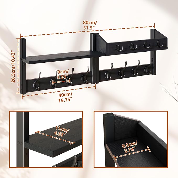 YMYNY 31.5" Coat Rack Wall Mount with Shelf, 4 in 1 Key and Coat Hanger with 12 Metal Hooks, Wall Shelf with Hooks & Mail Holder for Living Room, Bedroom, Black, HWS007B-2