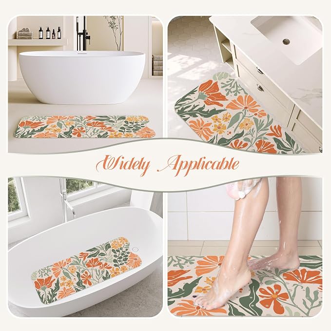 SHUCHING Boho Bath Mat for Tub Non Slip-40 X 16Inch, Flower Bathtub Mat Anti Slip for Women, Extra Long Shower Mat for Bathroom Mold Free, Machine Washable