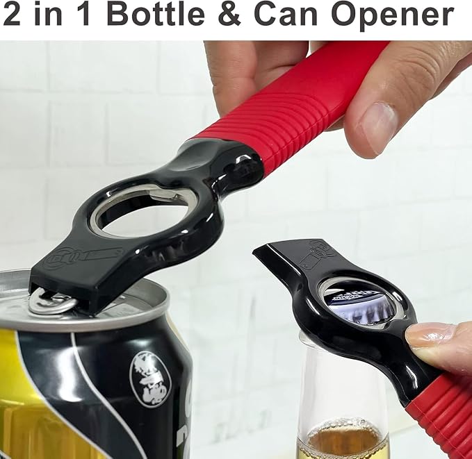 2-Pack Soda Can Opener and Beer Bottle Opener Bartender with Good Grip Silicone Handle, Pop Top Can Tab Opener for Long Nails, Bottle Opener for Arthritic Hand and Seniors, Chilli Red