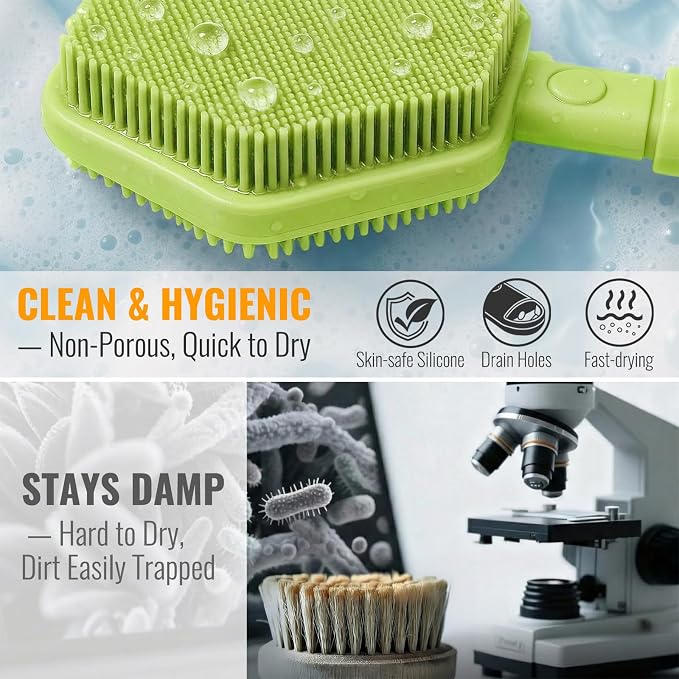 AIMAIAIMAI Silicone Back Scrubber for Shower – 21in Extendable Shower Brush with Long Handle – Dual-Sided Back Brush with Non-Slip Grip, Gentle Cleansing & Exfoliation for Men, Women, Elderly (Green)