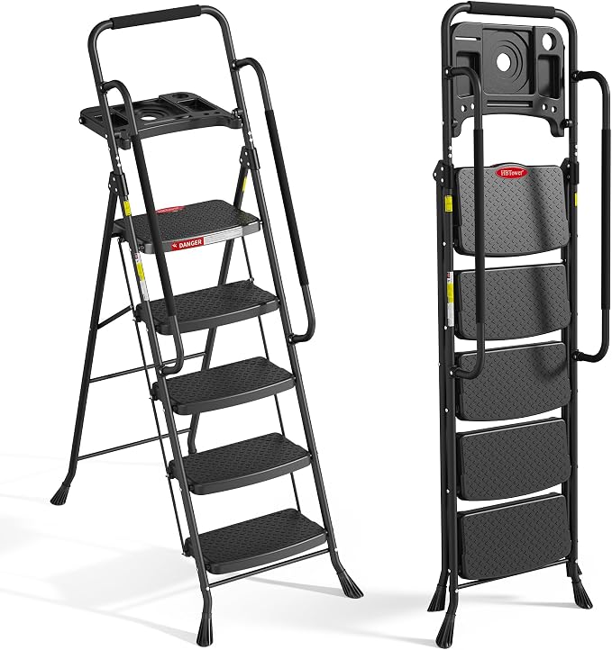 HBTower 5 Step Ladder, Folding Step Ladder with Wide Anti-Slip Pedal & Tool Tray, Step Ladder with Handrails for Home and Kitchen, 330lbs