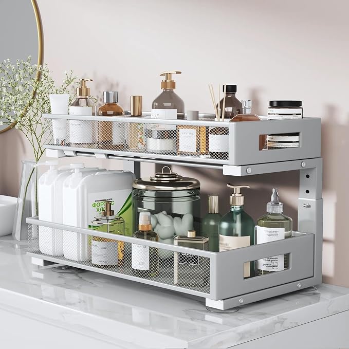 2 Packs 21IN Depth Under Sink Organizer, 2-Tier Pull Out Cabinet Organizer With Smooth Circular Rail, Large Capacity Metal Mesh Sliding Drawers For Bathroom& Kitchen Storage,Height Adjustable-Gun Gray