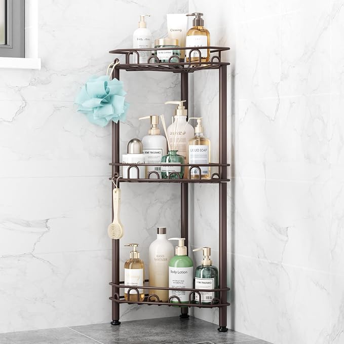 SWTYMIKI Standing Shower Caddy Corner - 3‑Tier Stainless Steel Shower Organizer Shelf with 12 Hooks and Adhesive Pads, Rustproof Corner Shelves Stand Rack for Bathroom Shower Room, Bronze