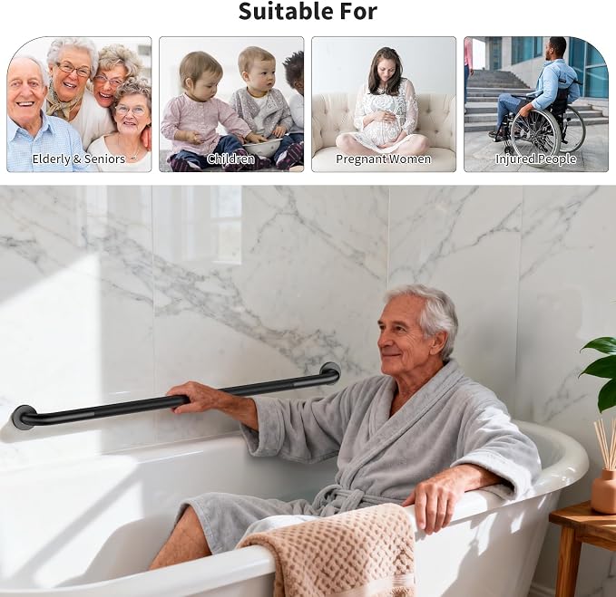Black Grab Bar 40 Inch, iHansee Anti-Slip Bathroom Grab Bar w/Knurled Grip, Stainless Steel Safety Handrail for Toilet Bathtub Shower, Wall Mounted Matte Black Handicap Bars Handle for Senior Elderly