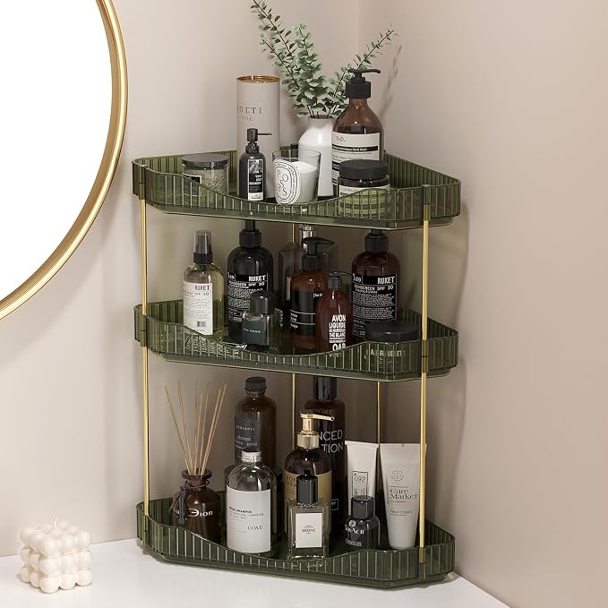 Lifewit 3-Tier Corner Bathroom Counter Organizer, Plastic Makeup Skincare Organizers Storage Countertop, Large Sink Cosmetic Perfume Shelf for Bedroom, Dresser, Kitchen, Vanity, Green, 39 cm/15inch(H)