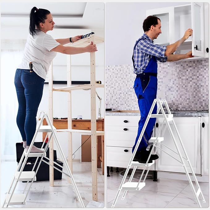 DIAMONDFORGE 4 Step Ladder, Folding Step Stool & Collapsible Stool for Kitchen, 330lbs Capacity with Wide Anti-Slip Pedal & Feet, Sturdy Steel Step Ladder for Home and Office, White