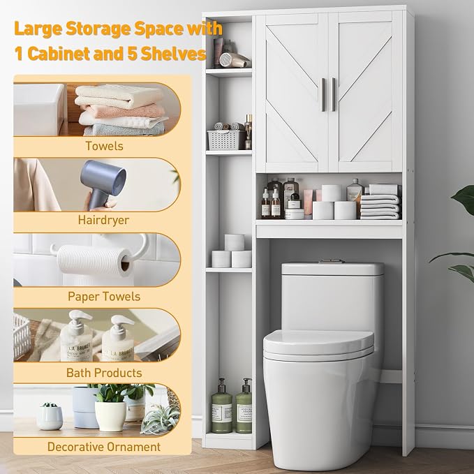 Over The Toilet Storage Cabinet with 7 Storage Shelves, Above Toilet Bathroom Organizer with Toilet Paper Holder Stand, Behind Toilet Cabinet, Space Saver for Restroom, Bathroom, Laundry, White