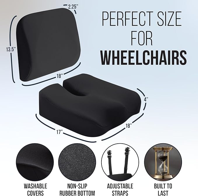 Elmara Doctor-Designed Wheelchair Seat Cushion Set – The Ultimate Comfort Solution – Thick Wheelchair Cushions Relieve Back & Sciatica Pain – Wheel Chair Cushions for Seniors, Wheelchair Pad (Black)