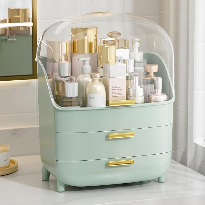 Vtopmart 3-Tier Skincare Makeup Organizer with Drawers and Lid for Vanity and Bathroom Countertop, Large Cosmetic Storage Box Case for Dresser, with Non-Slip Base, Green