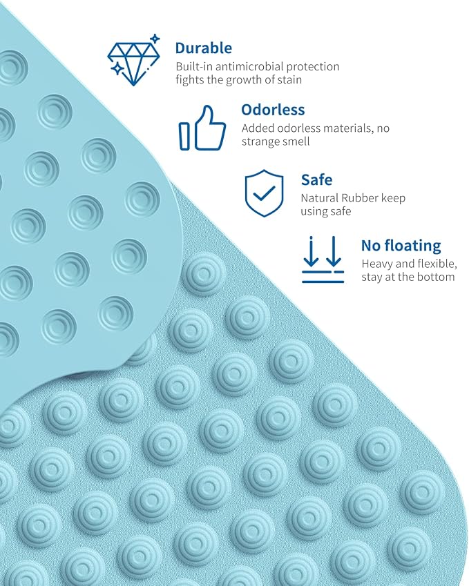Bligli Bathtub Mat Non-Slip Without Suction Cups, 39x16inch Extra Long Bath Mats for Shower Bathroom, Machine Washable Natural Rubber Shower Tub Mat (39x16inch, Sky Blue)