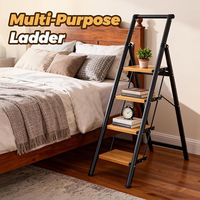 HBTower 4 Step Ladder with Handrail, Aluminum Folding Step Stool,330lbs Capacity Portable Step Ladder，Non-Slip Safety Ladder for Household,Kitchen,Office - BlackWoodgrain