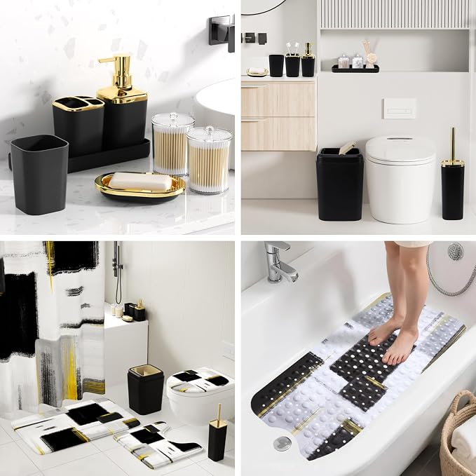 XLHOMO Bathroom Accessories Set - 26PCS Black Bathroom Set, Bathroom Accessory Set with Shower Curtain and Rugs and Bathtub Mats for Home