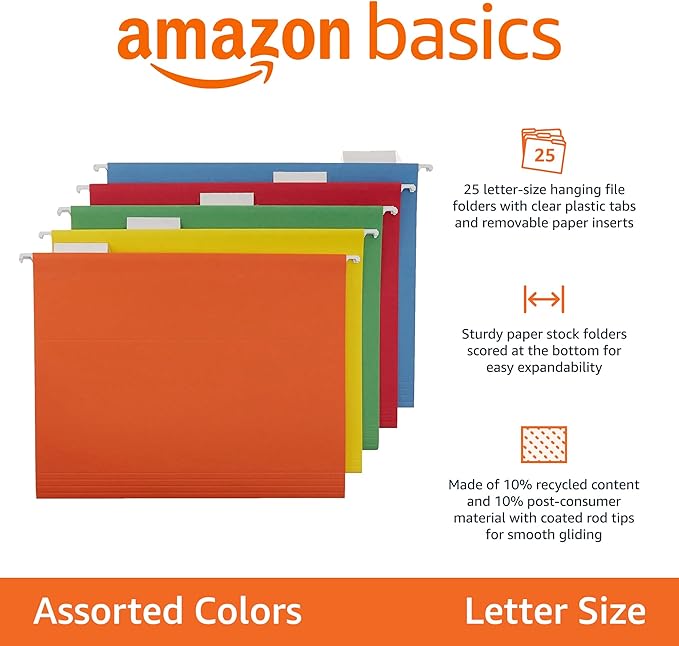 Amazon Basics Hanging File Folders with Adjustable Tabs, Sturdy Expandable Document Organizer, Letter Size, Assorted Colors, 25-Pack