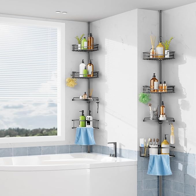 HAMITOR Corner Shower Caddy Tension Pole: Quick Installation 4-Tier Rustproof Bathroom Organizer Shelves for Bathtub Shampoo Storage - 47-121 inch Adjustable Floor Standing Bath Rack Holder Gray