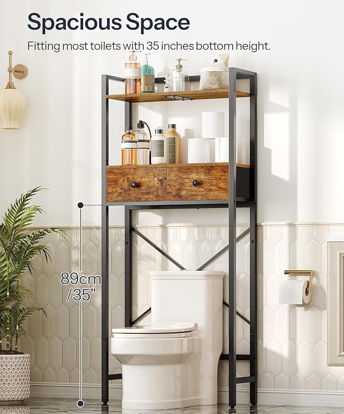 HOOBRO Over The Toilet Storage Rack with 2 Drawers, 3-Tier Bathroom Organizer Shelf Over Toilet, Freestanding Space Saver Bathroom Toilet Shelves Above Toilet for Room, Rustic Brown and Black BF47TS01