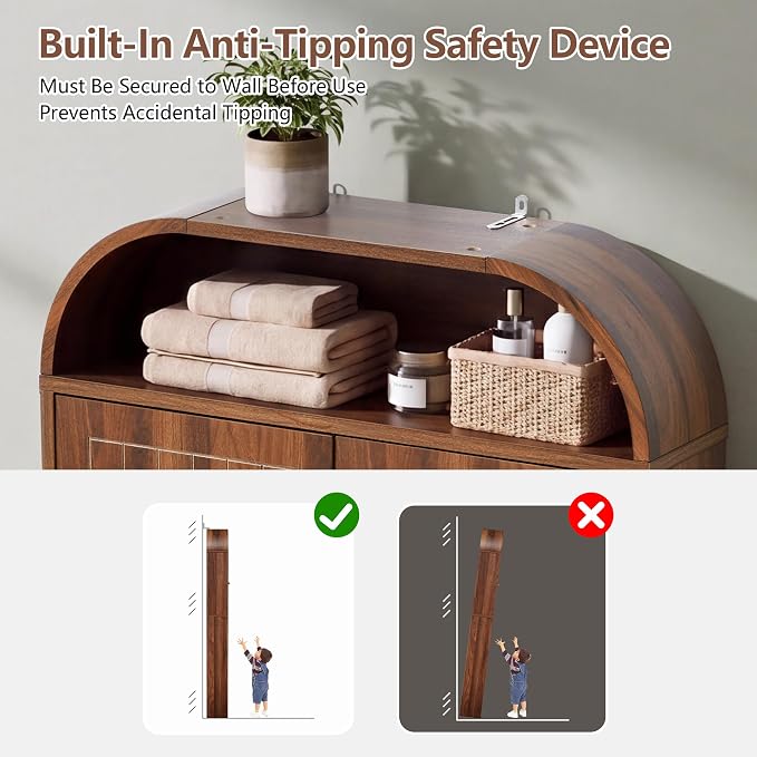 LEVNARY 31" Wide Over the Toilet Storage with Toilet Paper Holder, Arched Bathroom Organizer with Fluted Doors, 4-Tier Space Saving Freestanding Cabinet with Adjustable Shelves (Walnut)