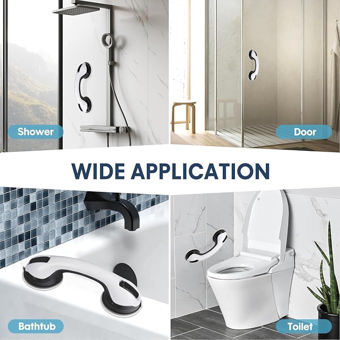Auroras 12 Inch Grab Bars for Bathtubs and Showers with Suction Cup, Removable Shower Grab Bars for Seniors, No Drilling Heavy Duty Shower Handle for Bathroom Safety, Handicap Grab Bars,Black (2 Pack)