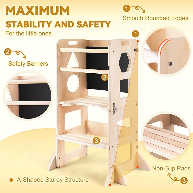 Woodure 3-in-1 Toddler Kitchen Step Stool, Foldable Learning Standing Tower with Blackboard, Wooden Kitchen Stool Helper for Kids