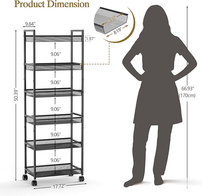 6 Tier Slim Rolling Storage Cart, Narrow Mobile Shelving Unit Organizer Utility Cart with Wheels, Metal Wire Storage Rack with Baskets for Kitchen, Bathroom, Laundry & Living Room, 10in(W) Black