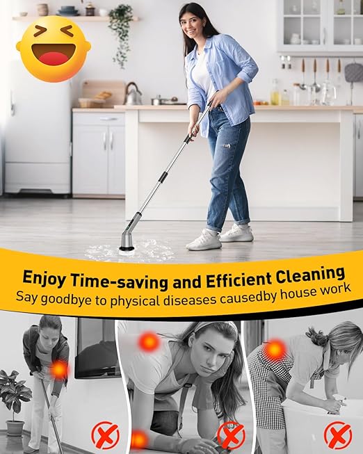 Shower Scrubber with Long Handle, Shower Cleaner Brush with 8 Floor Machine Pads, Cordless Electric Spin Scrubber for Cleaning with 2 Speed, Cleaning Supplies for Bathroom Bathtub Kitchen Floor Toilet