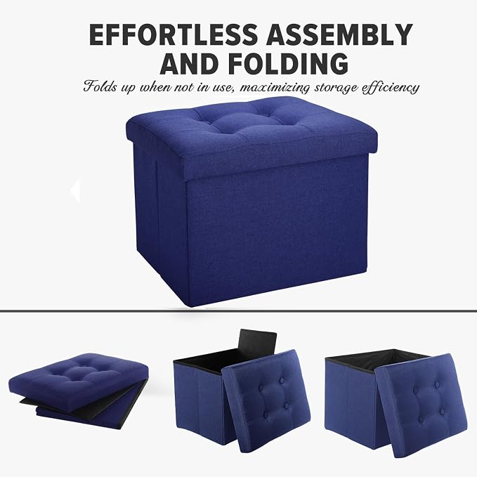 LINMAGCO Small Storage Ottoman Stool Foot Rest Stool Under Desk Stool Short Folding Ottoman Linen Cloth Navy 17X13X13IN