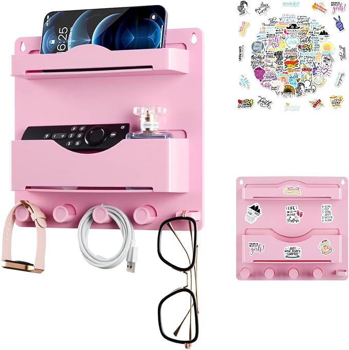 Pink Bedside Shelf Organizer - Wall Mount Phone Holder with Glasses Hook & 50 Motivational Stickers for Girls Bedroom Dorm Decor