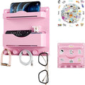 Pink Bedside Shelf Organizer - Wall Mount Phone Holder with Glasses Hook & 50 Motivational Stickers for Girls Bedroom Dorm Decor