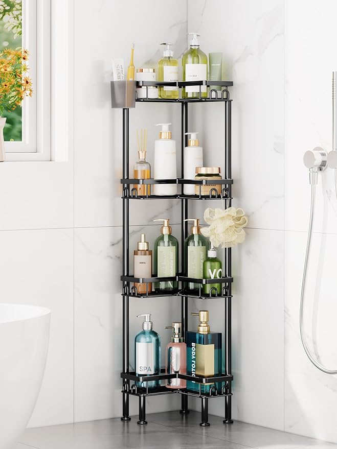 HapiRm Standing Shower Caddy Corner - 4 Tier Corner Shower Organizer with Toothbrush Holder and 16 Hooks, Large Capacity Rustproof Bathroom Shelves for Tall Bottles, Black