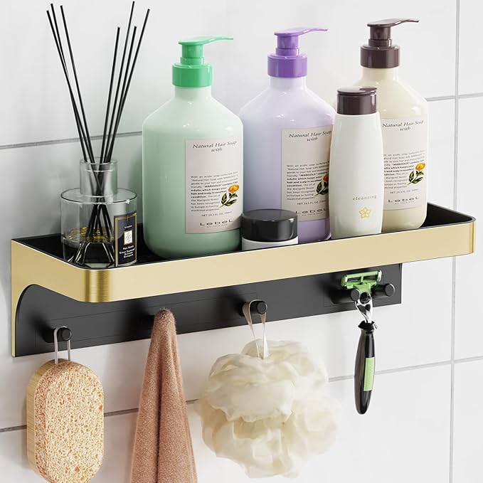 Shower Caddy Adhesive, Shower Shelve for Inside Shower, Bathroom Organizers and Storage for Accessories Holder, Rustproof Bathroom Wall Shower Rack Organize with 5 Hooks, No-drill, Gold