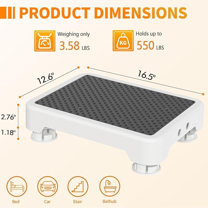 Ronlap One Step Stools for Adults, Portable Safety Step Platform for Seniors Small Plastic Bedside Step Stool Mobility Wide Step Stools Elderly Assistance for Shower Bed Car Stair Outdoor, White-Black