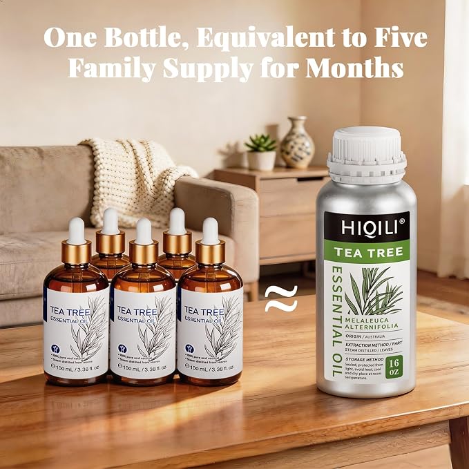 HIQILI Tea Tree Oil 16 Fl Oz, for Skin, Hair, Nail, Diffuser, Soap Making, Includes Two Portable Decanters