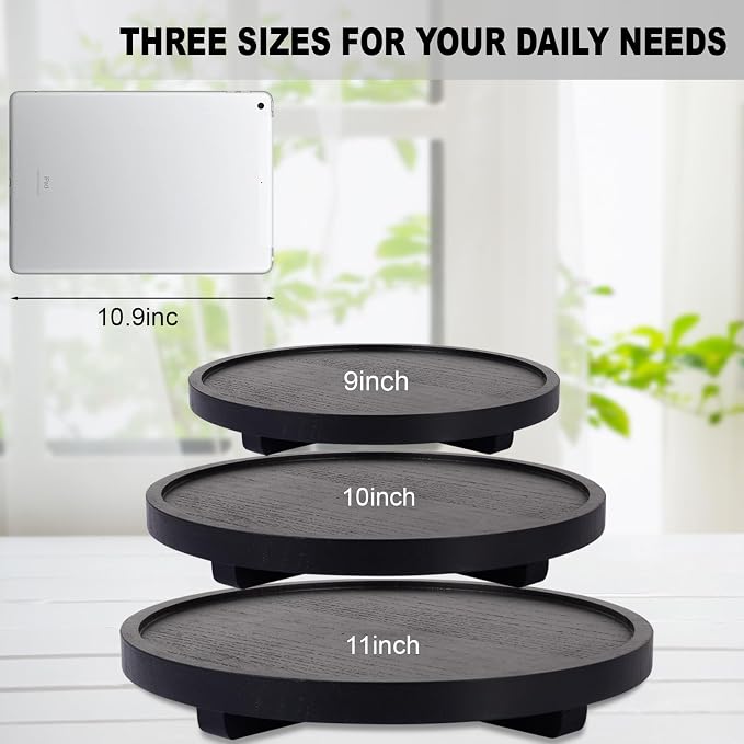 Round Decorative Tray Wood Bathroom Counter Organizer Farmhouse Kitchen Decor Wooden Riser for Soap Dish, Perfume, Candle, Sponge, 9" - Black