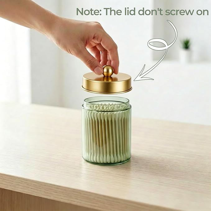 Amolliar 4 Pack Apothecary Jars Bathroom Vanity Storage Organizer Set -Countertop Canister with Stainless Steel Lids &Stickers Qtip Dispenser Holder for Cotton Swab (Green-golden Lid)