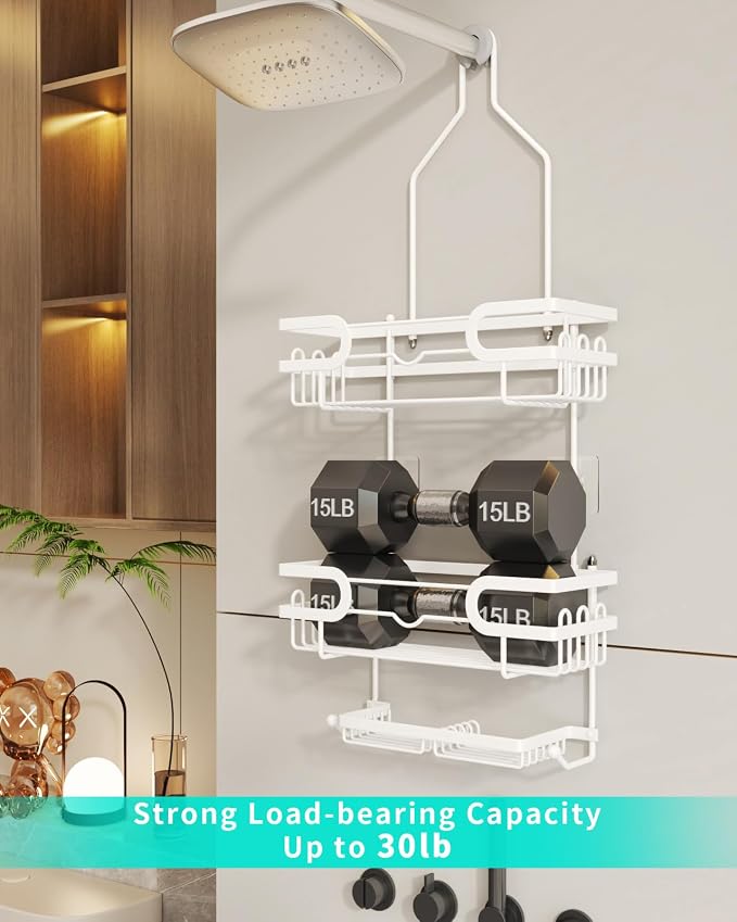 HapiRm Bathroom Hanging Shower Caddy - Rustproof Shower Shelf with 12 Hooks and 2 Soap Holders, No Drilling Bathroom Organizers and Storage - White