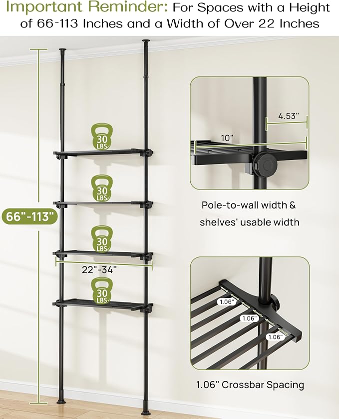 ALLZONE Adjustable Over The Toilet Storage Shelf, 4-Tier Ample Bathroom Organizer and Storage, Tension Mounted Above Toilet Storages Cabinet for Versatility, Fits 66-113 Inch Heights, Black