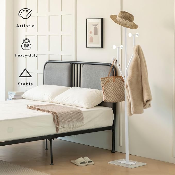 JIAYUEJU Heavy Duty Coat Rack Tree-shaped Metal Freestanding Coat Tree with Sturdy Marble Base Corner Coat Rack for Bedroom Entryway Hallway 14.96 x 10.24 x 68.9 Inches (White)