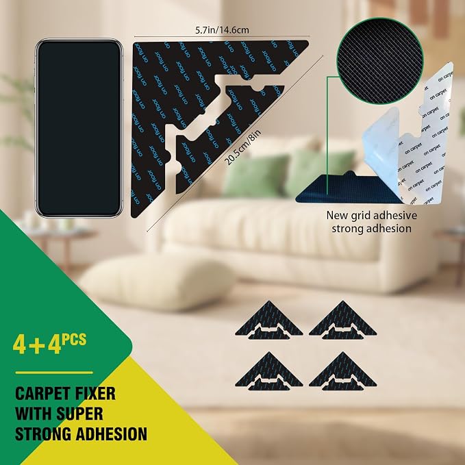 8 Pcs Large Non Slip Rug Pads Carpet Tape for Hardwood & Tile,No Residue | Reusable Extra Thick Double Sided Adhesive,Secures Area Rug Corners,Fits Laminate Carpet Floors,Rug Stickers,No Damage
