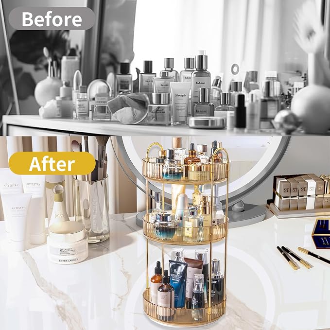 Asayuee 360 Rotating Makeup Organizer for Vanity,3 Tier Large Capacity Vanity Storage,Skincare Perfume Spinning Organizer,Bathroom Cosmetics Storage Makeup Stand Organizer (Gold-3 Tier)
