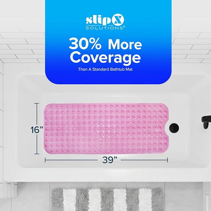 SlipX Solutions Power Grip Extra Long Bath Tub & Shower Mat 39x16, Wet Floor Non-Slip for Elderly & Kids Bathroom, 30% Longer Bathtub Mats, 200 Suction Cups, Drain Holes (1, Translucent Pink)