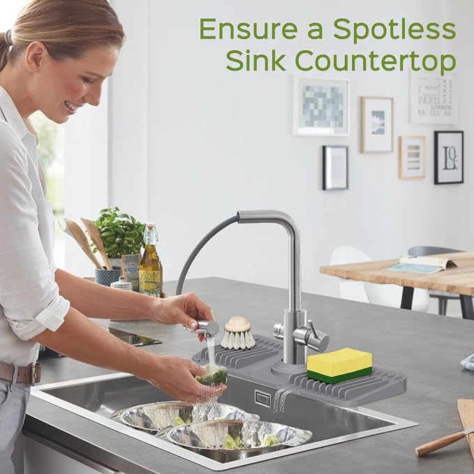 15 Inch Silicone Faucet Mat for Kitchen Sink Splash Guard – 2025 Upgraded Draining Mat with Water Tray Behind Faucet – Countertop Protectors to Catch Spills (Gray, 14.6" x 5.5")