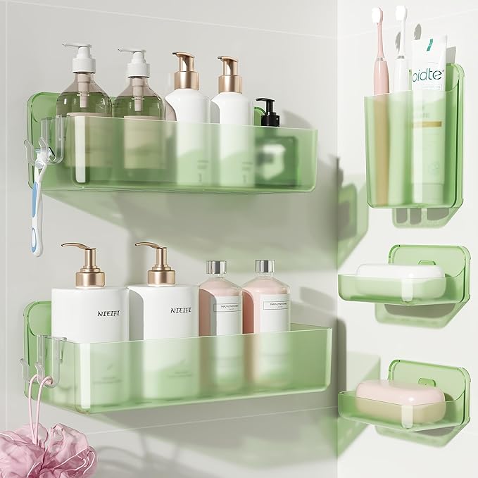 Nieifi Adhesive Wall Shelf, Shower Shelves, Shower Organizer for Bathroom Organization (Green-Clear, 5 pieces)