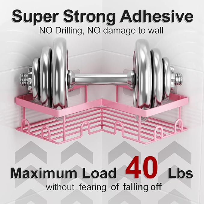 Liuoud Corner Shower Caddy 5 Pack, Rustproof Stainless Steel Shower Organizer with Soap Rack Toothbrush Holder, Large Capacity Adhesive No Drilling Bathroom Kitchen&Home Decor Set, Pink