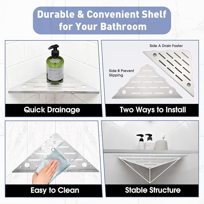 Shower Corner Shelf, 10'' Corner Shower Shelf with Towel Bar & Hooks, 2-Pack 304 Stainless Steel Recessed Bathroom Shelves, No Drilling for Tiled Wall (Brushed Nickel)