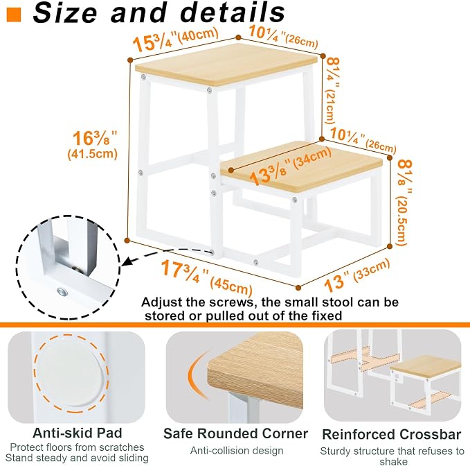 Step Stool for Adults, Holds up to 500Lb, 3 in1 Heavy Duty Sturdy Two Step Stool for Kichen/Bathroom/High beds, Wooden&Metal Frame, Non-Slip Pads