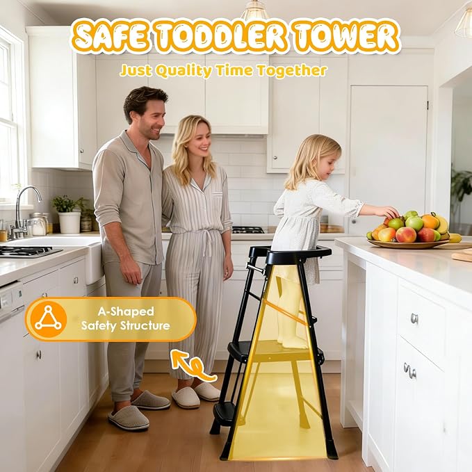HBTower Kids 2 Steps Step Stool,Toddler Tower for Kitchen Counter Learning,Toddler Kitchen Stool Helper with Anti-Drop Safty Railing Kids Standing Folding Stepper(Black)